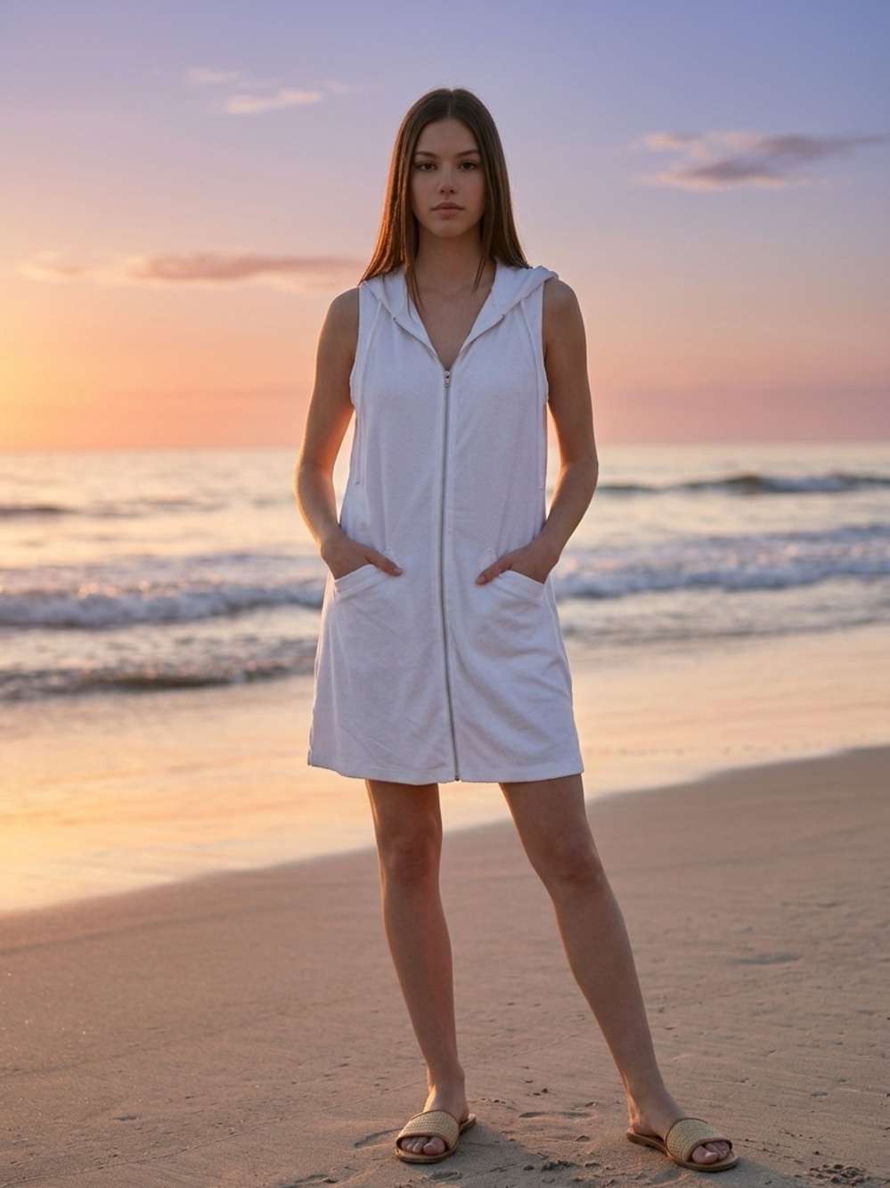 Sand N Sun Terrycloth Sleeveless White Hooded Zip-Up Beach Coverup Size 1X